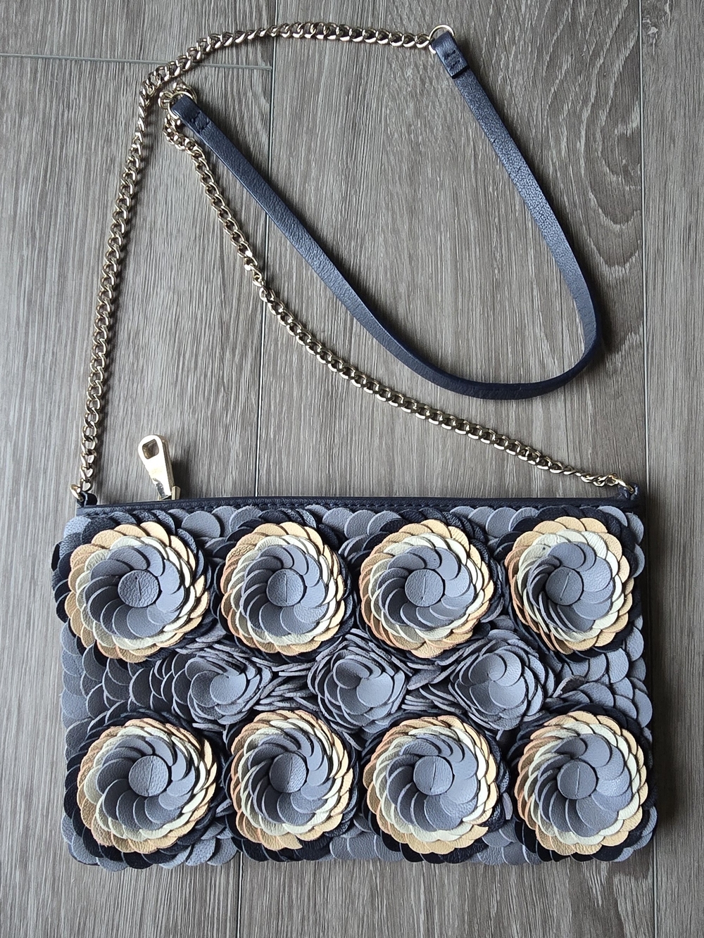 Uterque Goat Leather 3D Floral Clutch Crossbody Chain Bag Navy Blue 9x6 Rare